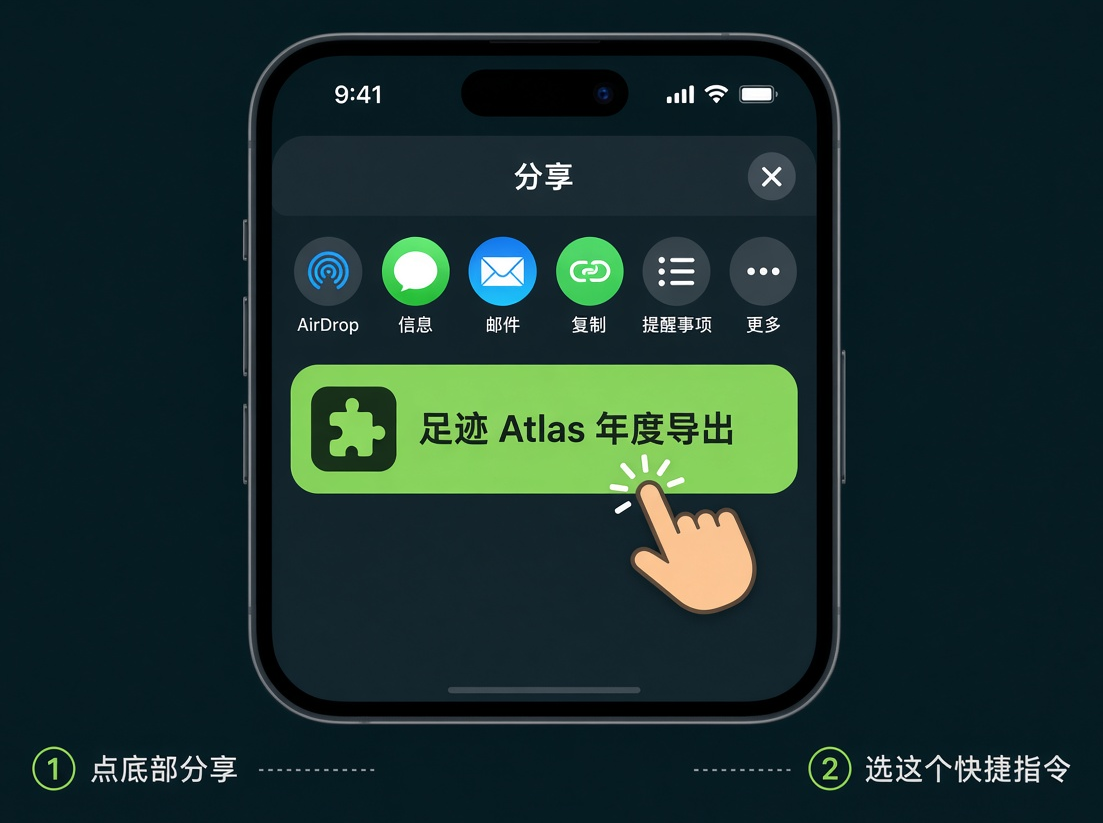 从 Safari 分享菜单选择足迹 Atlas 年度导出